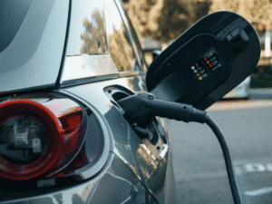 An electric vehicle charges.